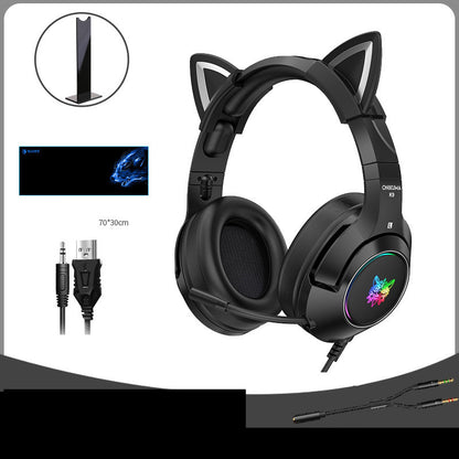 NT-010 Neko Gaming Headset: Wired Cat Ears w/ Microphone for Gaming and Fun ( Black / White/ Pink)