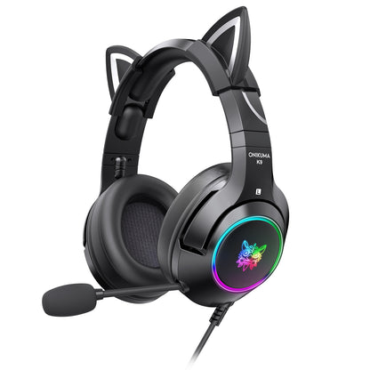 NT-010 Neko Gaming Headset: Wired Cat Ears w/ Microphone for Gaming and Fun ( Black / White/ Pink)