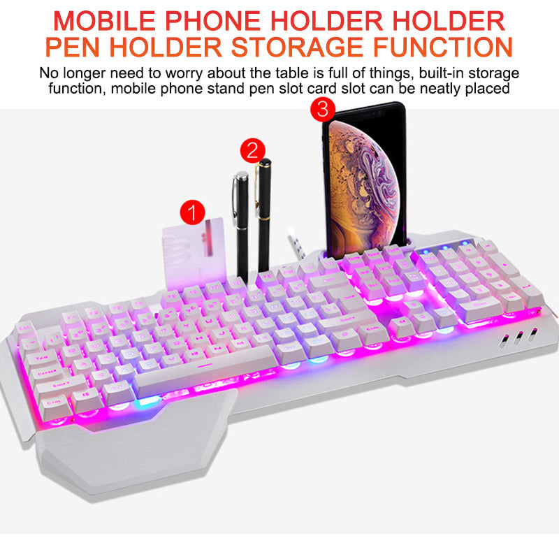 NT-001 Ergonomic Wired Gaming Keyboard with RGB Backlight and Phone Holder (Waterproof) Available in Black or White