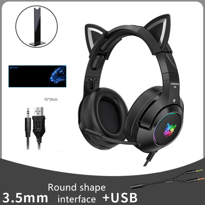 NT-010 Neko Gaming Headset: Wired Cat Ears w/ Microphone for Gaming and Fun ( Black / White/ Pink)