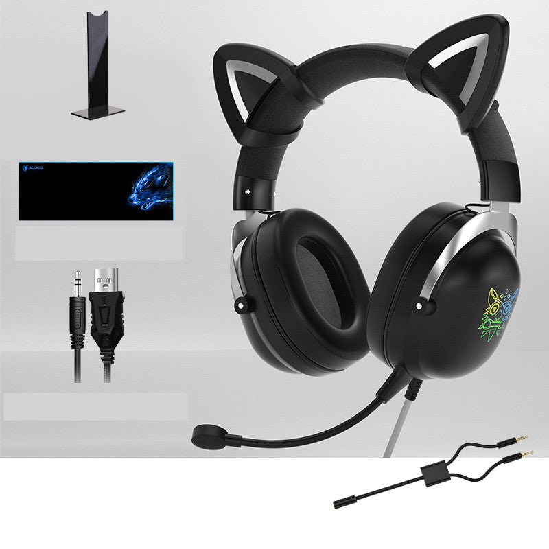 NT-010 Neko Gaming Headset: Wired Cat Ears w/ Microphone for Gaming and Fun ( Black / White/ Pink)