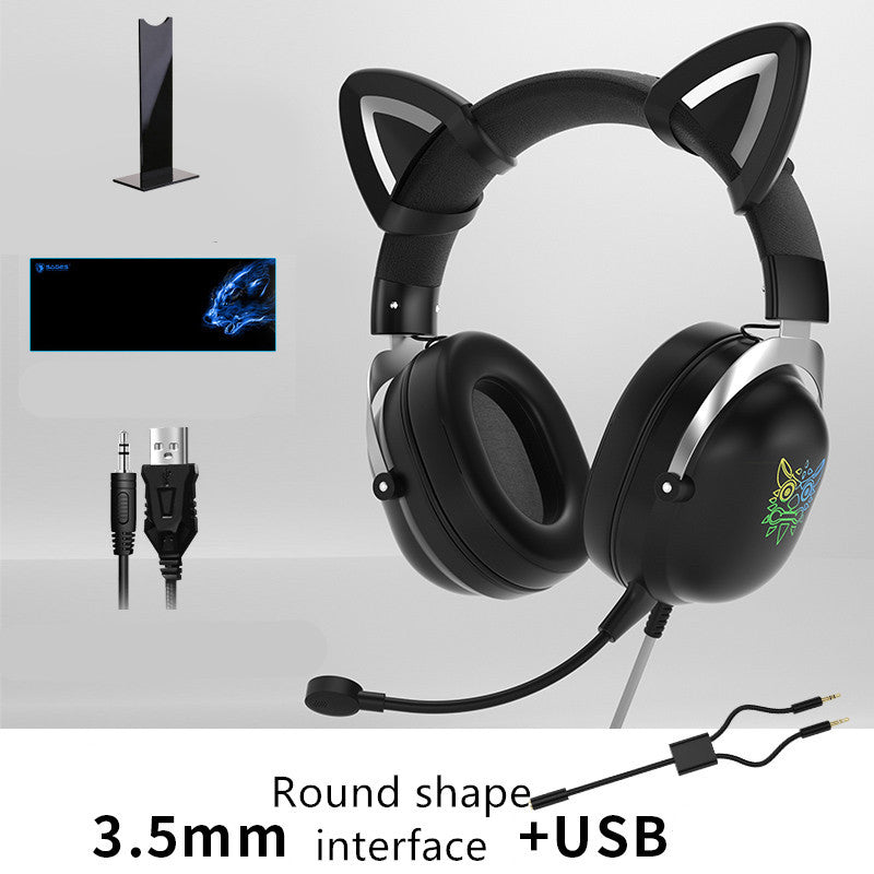 NT-010 Neko Gaming Headset: Wired Cat Ears w/ Microphone for Gaming and Fun ( Black / White/ Pink)