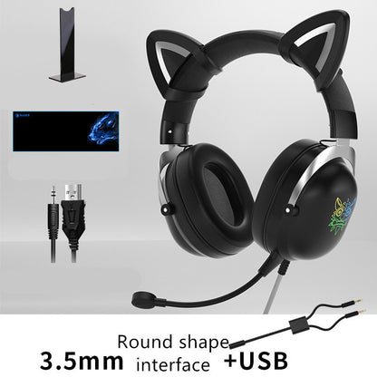 NT-010 Neko Gaming Headset: Wired Cat Ears w/ Microphone for Gaming and Fun ( Black / White/ Pink)